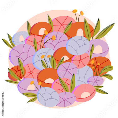 Floral poster seamless. Pastel blue, pink, purple flowers. Illustration with floral motifs. Ethnic poster oriental traditional. Vector illustration. 