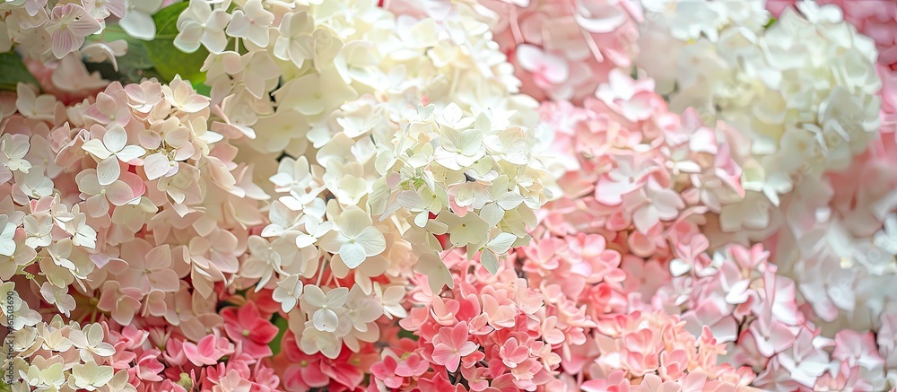 A picturesque display of white and pink hydrangea flowers blooming in a botanical garden, perfect as a copy space image for ecology and nature concepts. A picturesque display of white and pink hydrangea flowers blooming in a botanical garden, perfect as a copy space image for ecology and nature concepts.