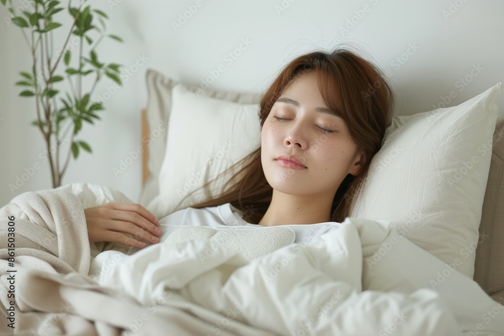 Serene woman finding comfort with heating pad in minimalist bedroom during menstruation Serene woman finding comfort with heating pad in minimalist bedroom during menstruation