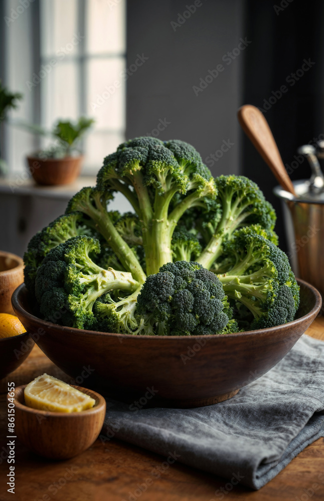 Fresh and organic broccoli on a modern kitchen counter Fresh and organic broccoli on a modern kitchen counter