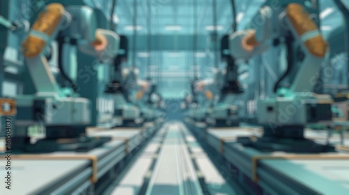 Blur background of robot machine working together at production line. Factory machine or robotic electronic device connecting with system and designing and making product following program. Spate.