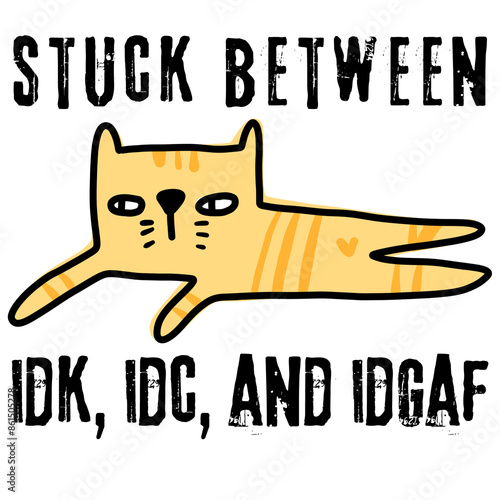 Humor Quote 'Stuck Between IDK IDC and IDGAF' With A Funny Doodle Cat Art Graphic Design Printable PNG