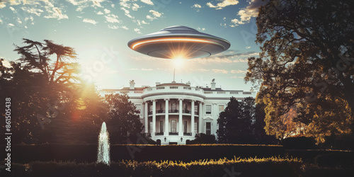 Ufo hovering over the white house during sunset