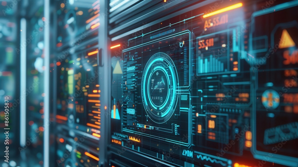 Digital lock, silver system monitoring interface, data analysis chart, side view, conveys data integrity, robotic tone, splitcomplementary color scheme Digital lock, silver system monitoring interface, data analysis chart, side view, conveys data integrity, robotic tone, splitcomplementary color scheme