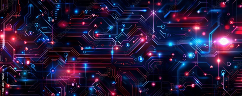 Futuristic circuit board pattern with glowing red and blue lights illustrating technology and innovation Futuristic circuit board pattern with glowing red and blue lights illustrating technology and innovation