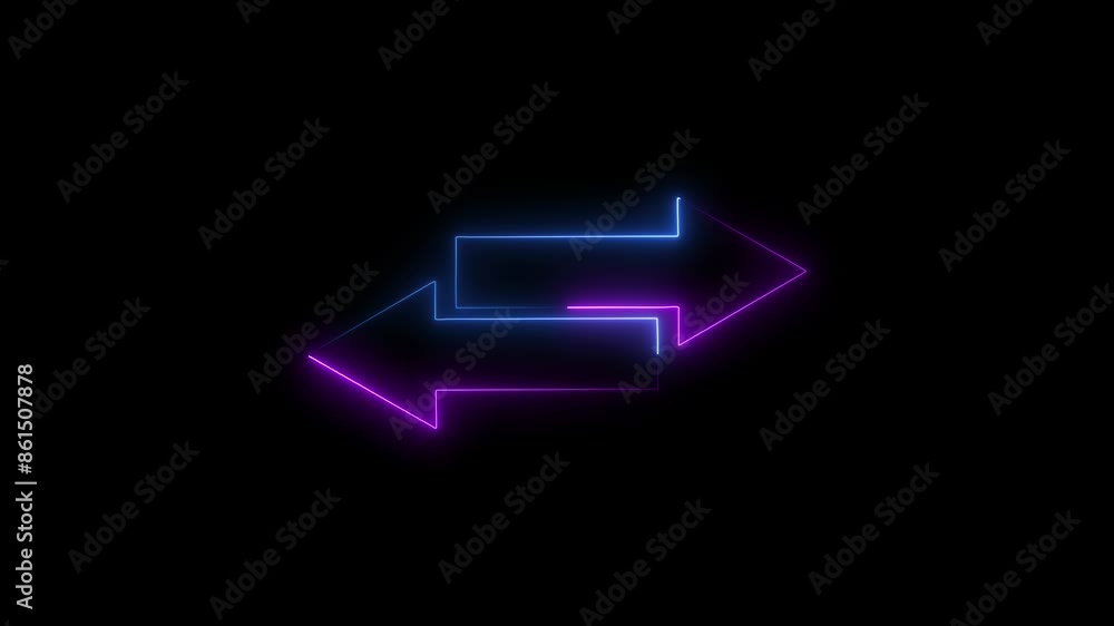 Flashing arrow shape symbol with neon light running around the arrow symbol on a black background. Flashing arrow shape symbol with neon light running around the arrow symbol on a black background.