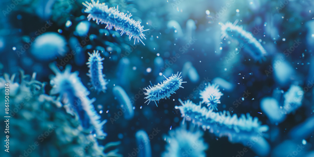 A high-resolution view of a blue bacterial colony in a microscopic environment A high-resolution view of a blue bacterial colony in a microscopic environment