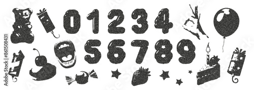 Trendy set of holiday items with a retro photocopy effect. Mouth, hand, cupcake, numbers, firecrackers, confetti, star, strawberry, cherry in halftone tones for the design of collages, Y2K banners.