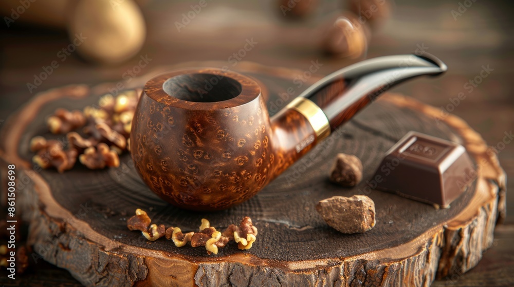 Elegant Wooden Pipe with Chocolate and Nuts on Rustic Table Elegant Wooden Pipe with Chocolate and Nuts on Rustic Table