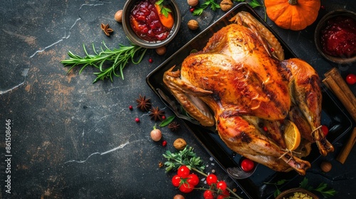 A large roasted turkey is surrounded by a variety of spices and vegetables