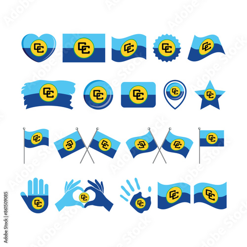 Caribbean Community flag icon set vector isolated on a white background. CARICOM flag graphic design element. Caribbean Community and Common Market flag icons in flat style. CARICOM symbols collection
