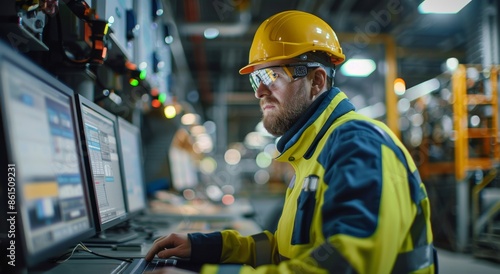 Industrial engineer working on multiple computer screens in a manufacturing facility