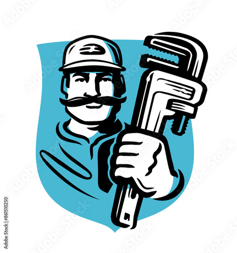 Professional worker with tool or wrench, logo. Construction, plumbing work emblem. Logo vector illustration