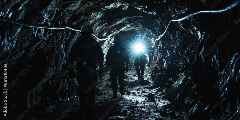 Fototapeta premium Silhouetted miners walking through a dark tunnel with headlamps