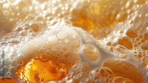Abstract background of beer foam and bubbles, evoking the sensory experience of enjoying a cold brew.