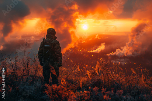 Ukraine war, soldier and sunset