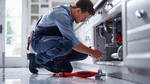 Plumber repairing a kitchen sink in a modern home