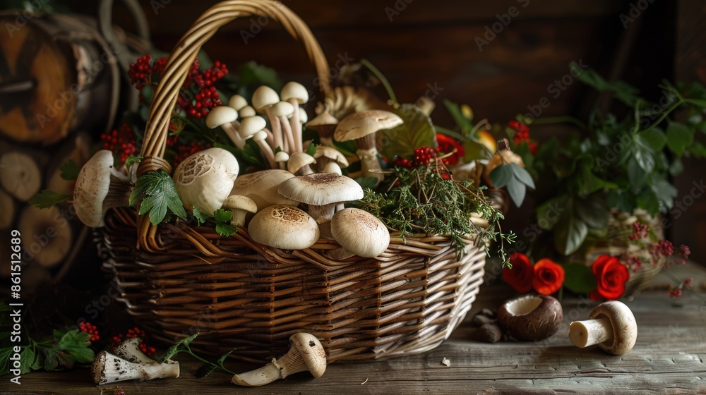 A rustic basket filled with fresh porcini mushrooms, sesame mushrooms, and aromatic herbs and spices, arranged artfully on a wooden table. A rustic basket filled with fresh porcini mushrooms, sesame mushrooms, and aromatic herbs and spices, arranged artfully on a wooden table.