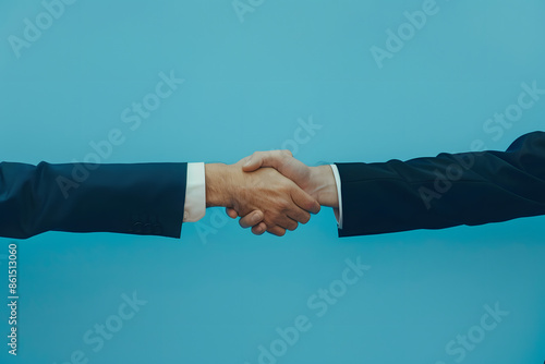 Two business professionals shaking hands against a solid blue background, symbolizing successful negotiation and partnersh