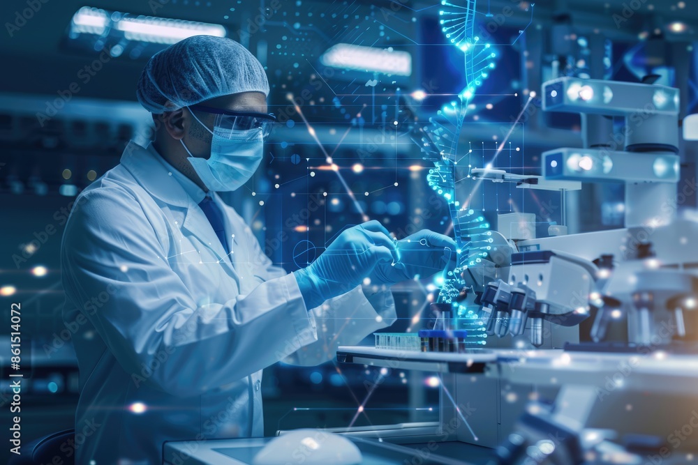 Laboratory scene with a scientist conducting DNA research using advanced equipment Laboratory scene with a scientist conducting DNA research using advanced equipment