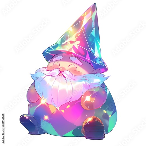 Colorful cartoon gnome with holographic effect, featuring a white beard and pointed hat, isolated on a white background. photo