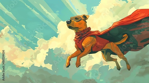 A superhero dog flies through the sky wearing a red cape and goggles. The dog has a determined look on its face and is surrounded by clouds. photo