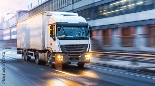 A refrigerated truck racing down an industrial road with factories and warehouses blurred in the background to show its efficiency in transporting goods