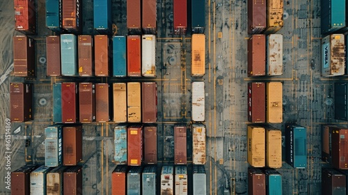 An overhead shot of shipping containers arranged in neat rows, highlighting the geometric patterns and raw industrial feel photo