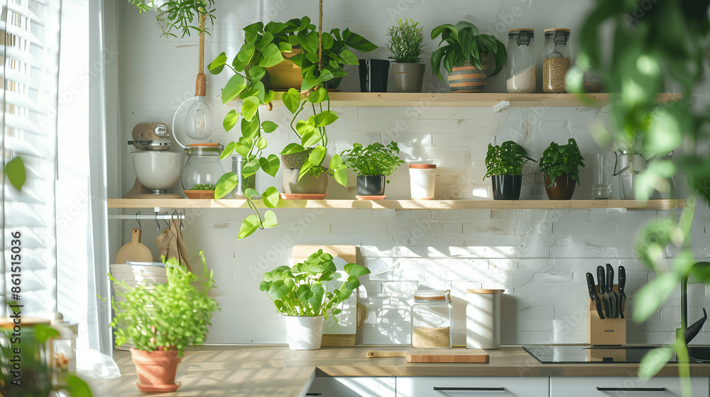 Bright kitchen with open shelves and indoor garden Bright kitchen with open shelves and indoor garden