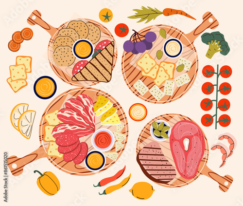 The process of preparing delicious food from above. Various Ingredients for dishes and food. Culinary concept. Workshop. Master Class. Flat style. Meal. Set. Brunch, lunch, breakfast, dinner. Top view