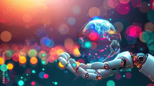 A robotic AI hand presenting a 3D globe with a colorful bokeh background, symbolizing technological advancements in a connected world