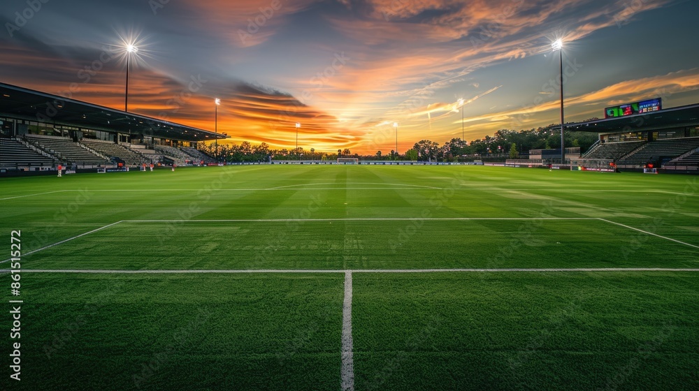 A sunset view of an empty soccer stadium with the field and stands bathed in a warm, golden light, emphasizing the calm before the game A sunset view of an empty soccer stadium with the field and stands bathed in a warm, golden light, emphasizing the calm before the game