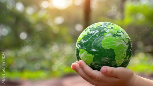 A detailed shot of a boy's hand cradling a green globe against a blurred bokeh background, highlighting the concept of global care