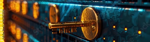 Data server, green encrypted data symbol, key icon, side view, emphasizes secure access, futuristic tone, vivid color scheme