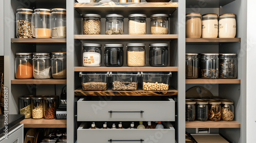 Kitchen pantry with custom shelving and pull-out drawers