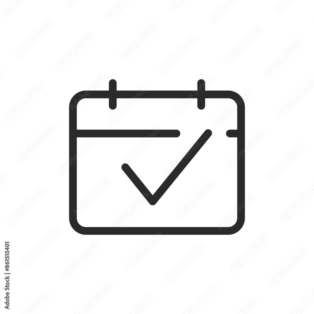 Calendar with check mark, linear style icon. Calendar with a check mark, scheduled or completed event. Editable stroke width. Calendar with check mark, linear style icon. Calendar with a check mark, scheduled or completed event. Editable stroke width.