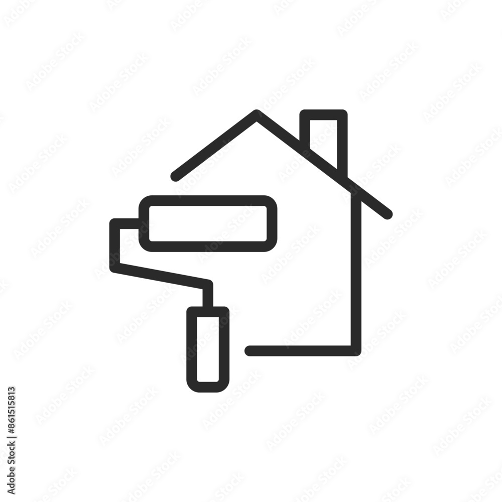 Paint roller and house, linear style icon. home construction and painting. Editable stroke width Paint roller and house, linear style icon. home construction and painting. Editable stroke width