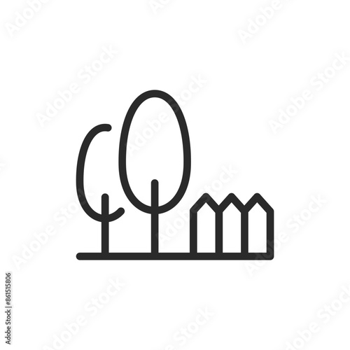 Garden, linear style icon. Trees and fence. backyard or vegetable garden. Editable stroke width