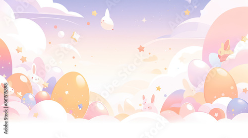 A whimsical illustration featuring bunnies and Easter eggs against a soft, pastel-colored sky with clouds