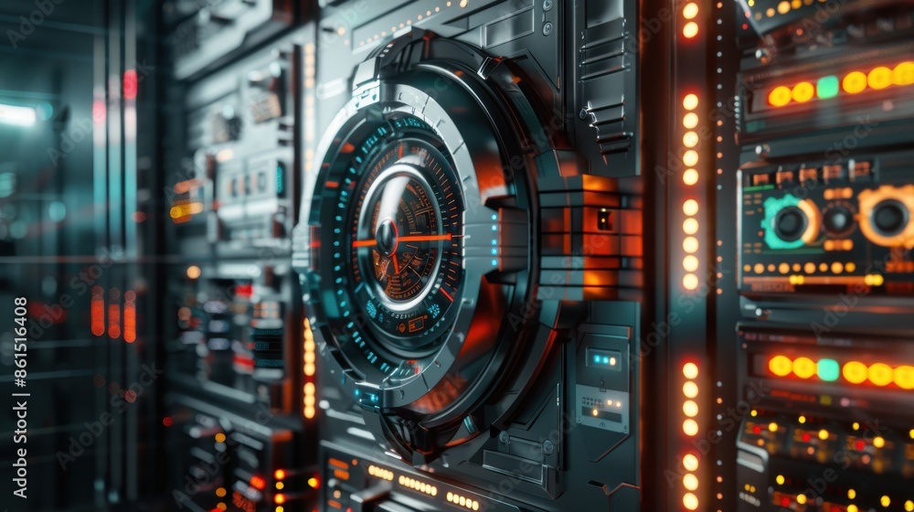 Obraz premium Digital lock, silver data analysis chart, system monitoring interface, side view, conveys system security, robotic tone, splitcomplementary color scheme