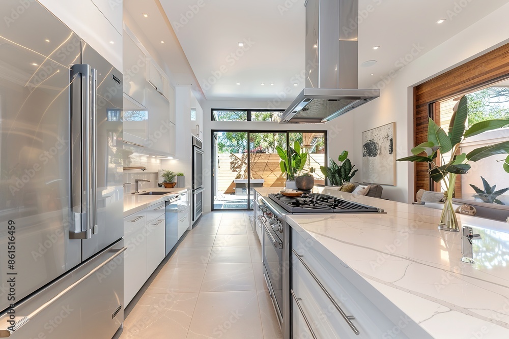 Modern white kitchen with large island, potted plants, and sunlight streaming through windows Modern white kitchen with large island, potted plants, and sunlight streaming through windows