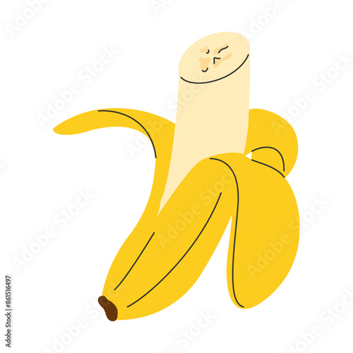 Sliced ​​banana in peel. Tropical hand drawn yellow doodle banan fruit