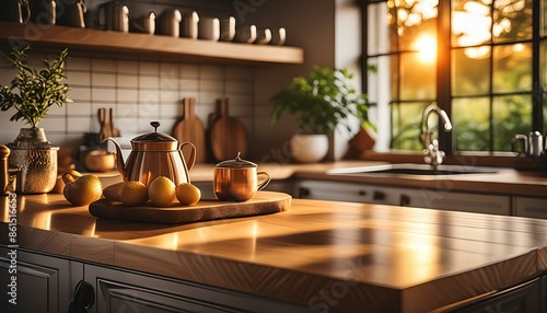 cuisine avec un plan de travail central et la lumière de soleil