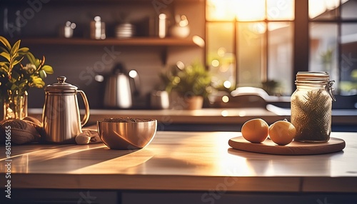 Intérieur cuisine rustique avec plan de travail en bois massif et plantes aromatiques