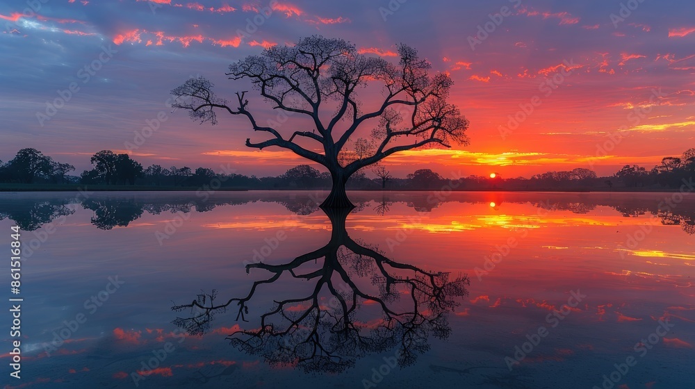 The serenity of a leafless tree reflected in the water at sunset, with the colorful sky painting a picture of solitude and peace 8K , high-resolution The serenity of a leafless tree reflected in the water at sunset, with the colorful sky painting a picture of solitude and peace 8K , high-resolution