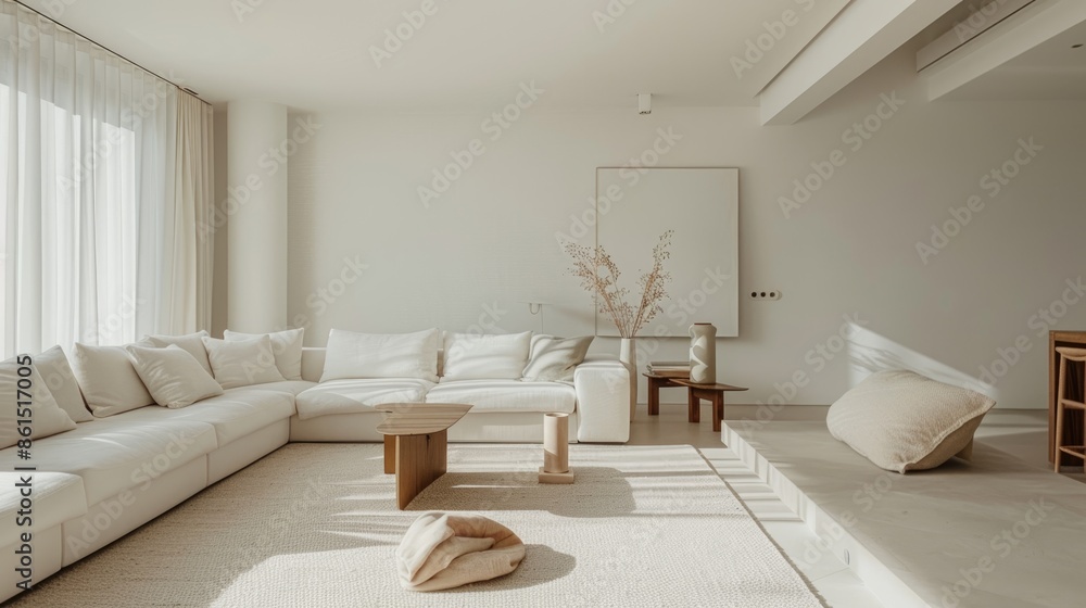 Fototapeta premium Close-up of a minimalist living room in a white house, with clean lines and abundant natural light creating a serene and spacious atmosphere