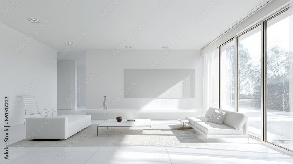 Fototapeta premium A bright and spacious living area in a modern white house, featuring minimalistic furnishings and architectural details that emphasize simplicity and functionality