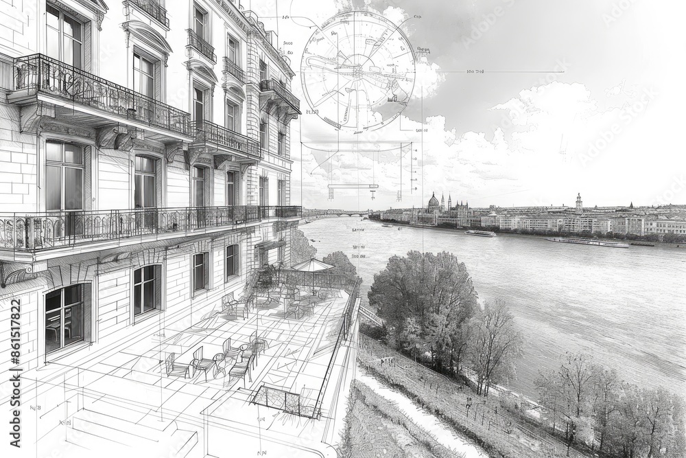 Fototapeta premium Abstract black and white architectural sketch of a government building