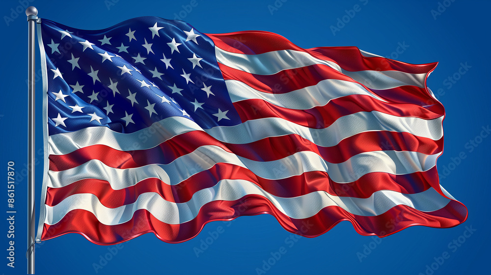 Fototapeta premium Closeup of the American flag waving proudly against the solid blue sky.