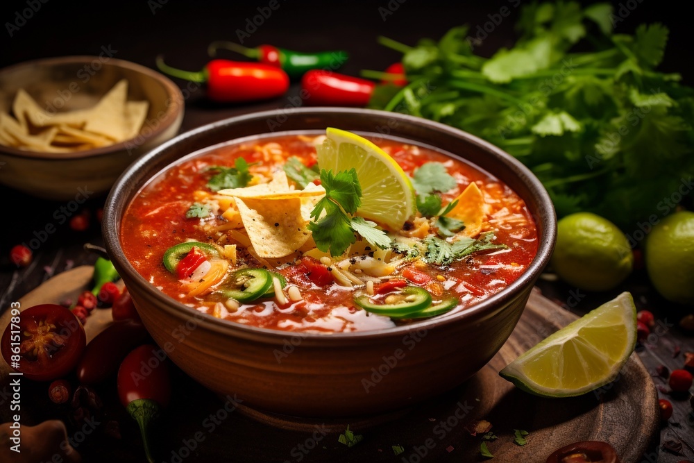 Mexican traditional tortilla soup with toppings and lime wedge Mexican traditional tortilla soup with toppings and lime wedge